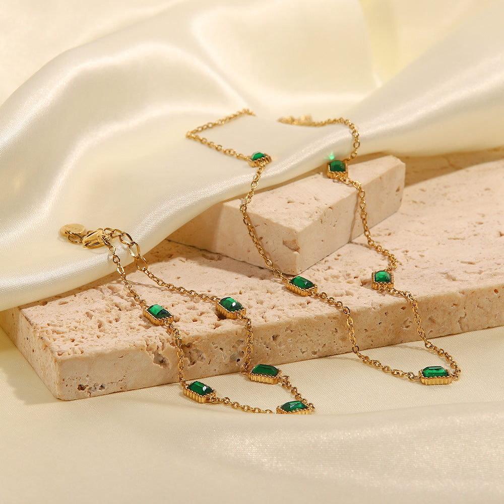Ins Style Square Emerald Zircon Necklace Light Luxury Niche High-end Titanium Steel Collarbone Chain Necklace Bracelet
