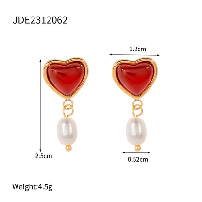 18k Gold Stainless Steel Red Agate Heart Necklace High-end Pendant Earrings Niche Ins Style Ring