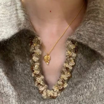 Pure Silver S925 Vintage Brushed Craft Monstera Leaf Pendant Necklace Exquisite High-end Niche Design Collarbone