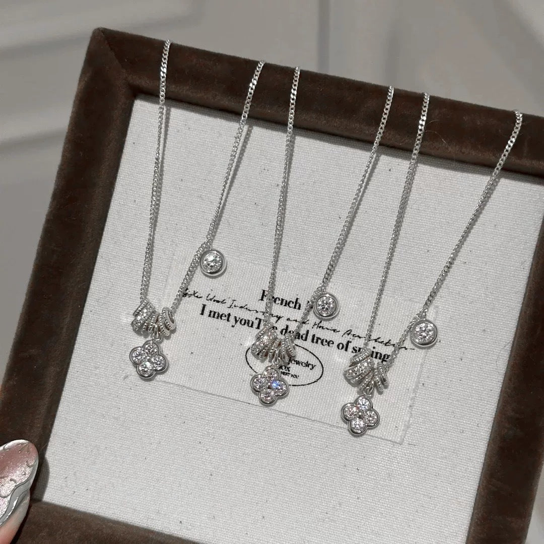 Sterling Silver s925High Carbon Diamond Lucky Clover Running Ring Necklace New Hot-Selling Niche High-Value Hot-Selling Collarbone Chain