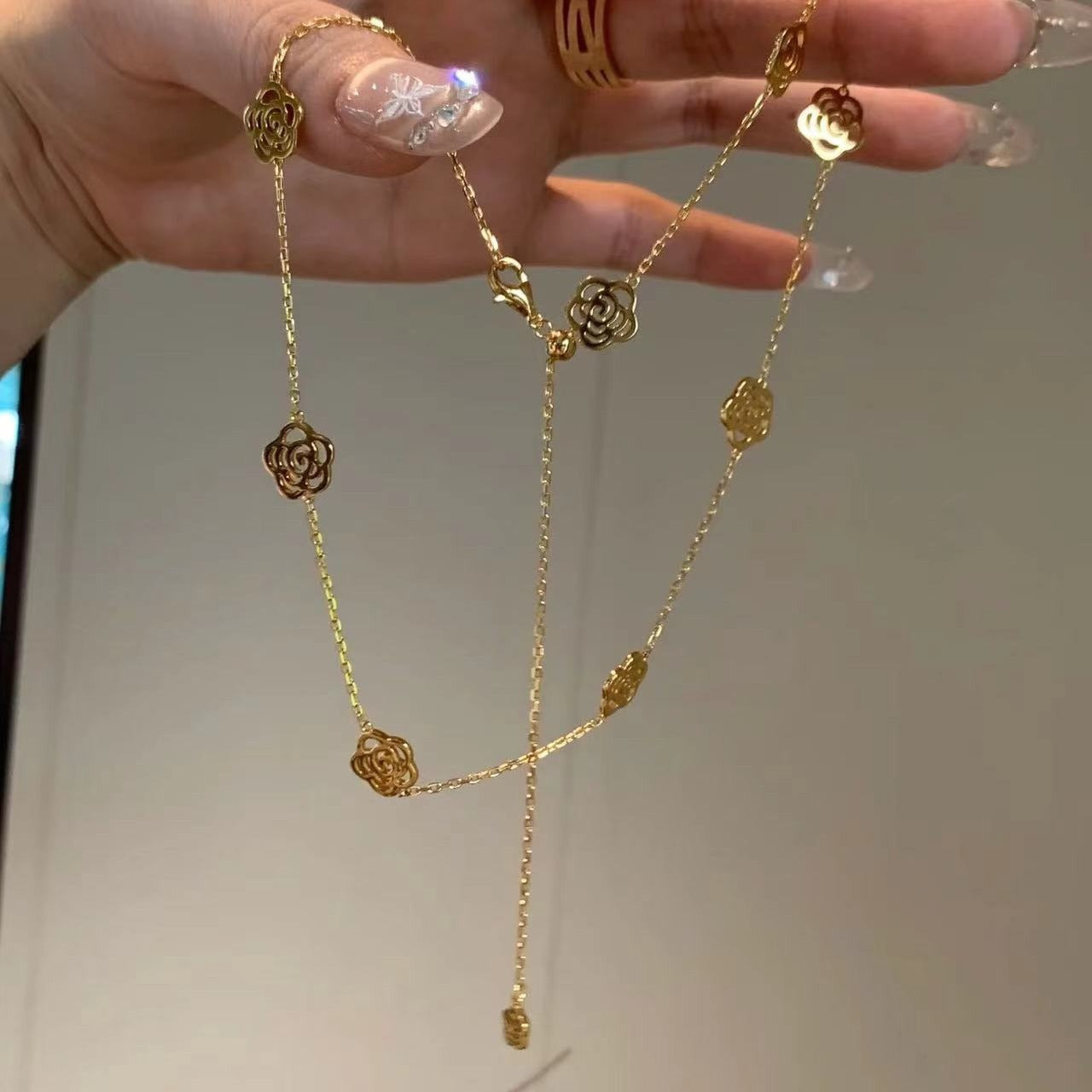 Vintage Style Pure Silver S925 Real Gold Plated Chanel Style Rose Flower Bracelet Push-Pull Adjustable Bracelet Necklace