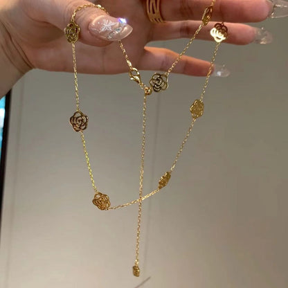 Vintage Style Pure Silver S925 Real Gold Plated Chanel Style Rose Flower Bracelet Push-Pull Adjustable Bracelet Necklace