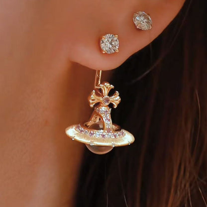 Pure Silver S925 Brushed Craft Natural Pink Quartz Saturn Necklace Earrings Fairy Chain Set Light Luxury Exquisite High-end Feel