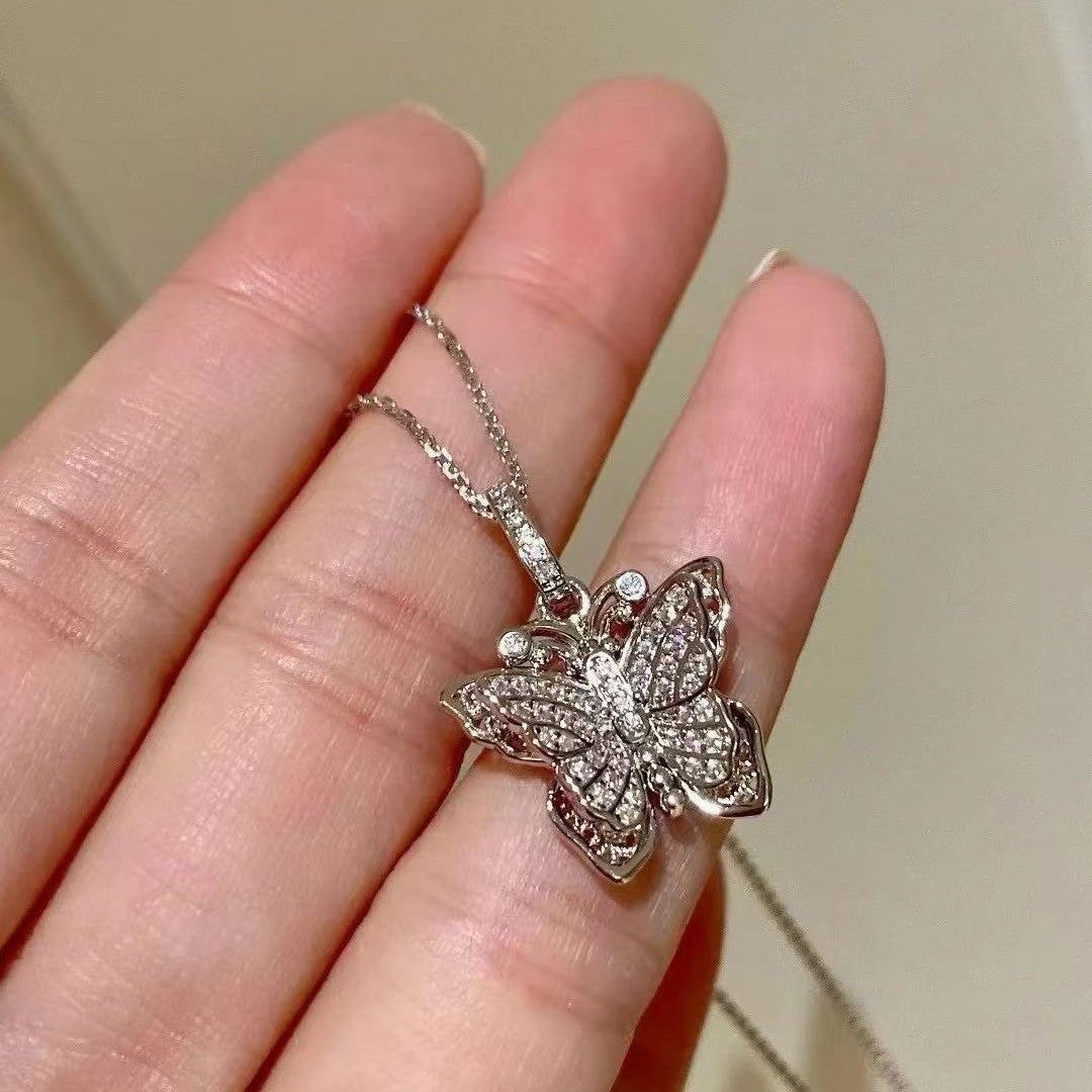 High Carbon Diamond Old Shop Same Style Butterfly Pendant Necklace Filigree Inlaid Diamond Collarbone Chain Necklace