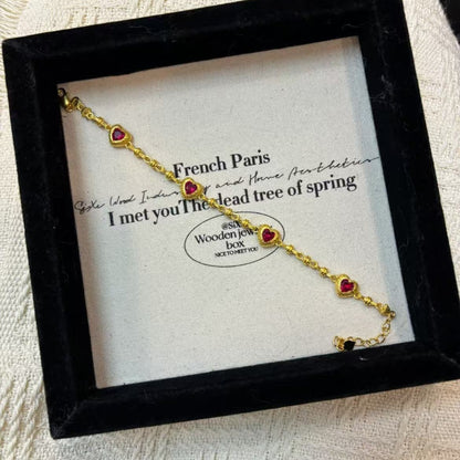 Pure Silver SS925 Ancient Hammered Heart Red Gem Bracelet Ancient High-End French Court Style Bracelet