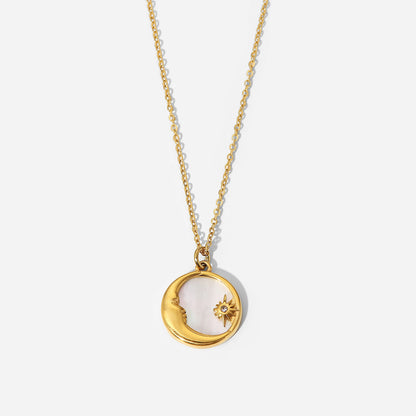 INS Style 18K Gold Titanium Steel Necklace for Women French Natural White Mother-of-Pearl Star Moon Round Pendant Stainless Steel Necklace