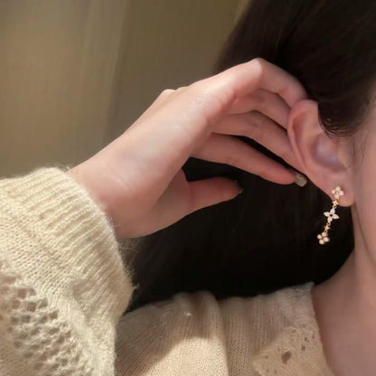 S925 Sterling Silver Light Luxury High Carbon Diamond Four-Leaf Clover Tassel Earrings High-End Sparkling Diamond Sweet Trendy Fashion