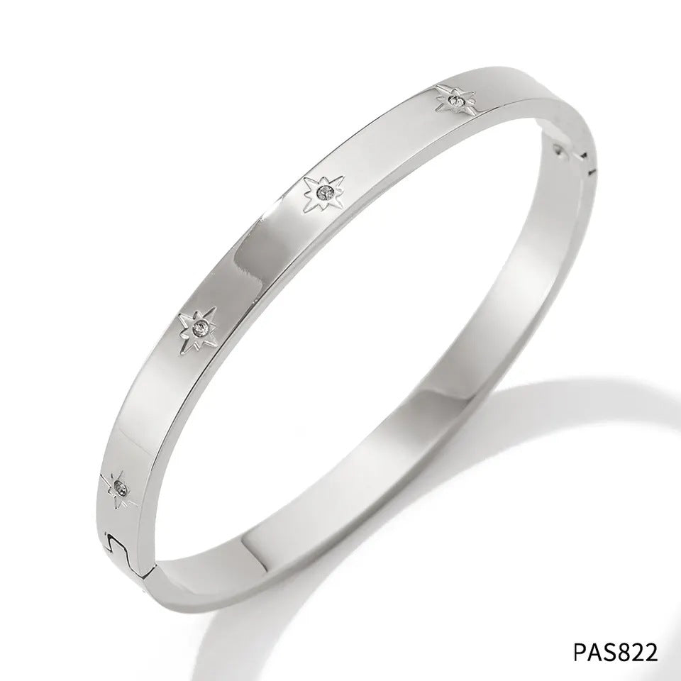 Non-Fading Multiple Styles Diamond-Studded Plain Hoop Bracelet Vacation Style Eight-Pointed Star Waterproof Stackable Stainless Steel Jewelry
