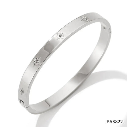 Non-Fading Multiple Styles Diamond-Studded Plain Hoop Bracelet Vacation Style Eight-Pointed Star Waterproof Stackable Stainless Steel Jewelry
