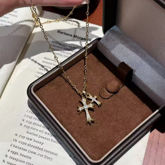 Pure Silver S925 Double Cross Necklace Niche Ins Style High-end Light Luxury European and American Retro Versatile Heavy Craft Collarbone