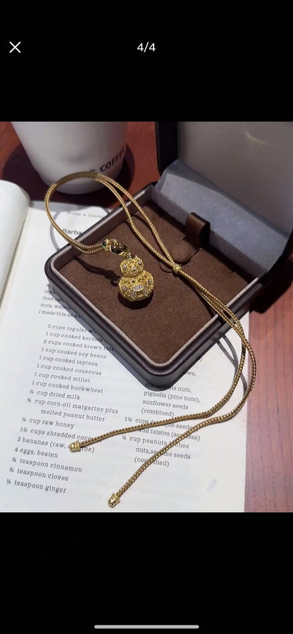 Sterling Silver S925New Chinese Style National Style Filigree Gourd Brown Rope Sweater Chain Light Luxury Fashion Versatile High-end Palace Style