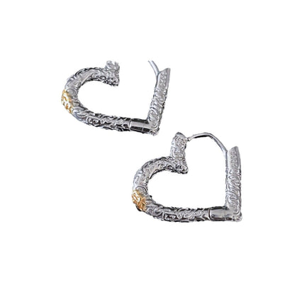Korean Version Pure Silver 925 Silver Color Block Tang Grass Pattern Heart Earrings Studs Trendy Fashion Versatile Exquisite Heart Shape