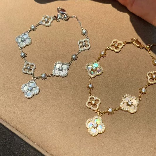 Pure Silver S925 Light Luxury Style Natural Pink Shell White Shell Four-Leaf Clover Bracelet High-End Jewelry Fashion Versatile Personality