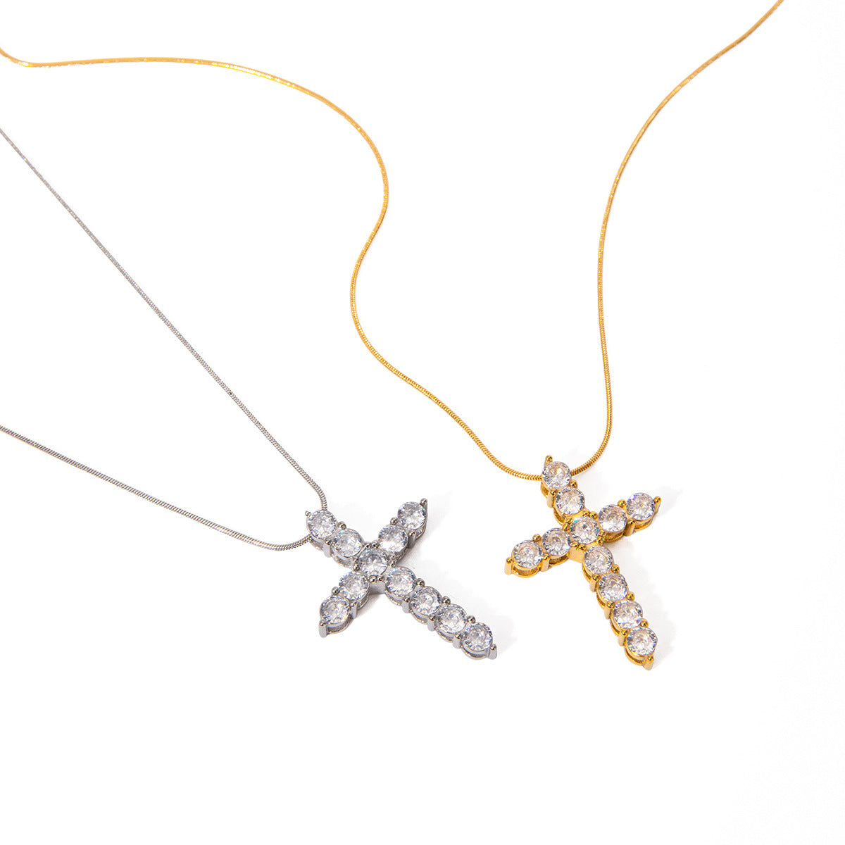 ins18k Gold Stainless Steel Cross Necklace Round White Zircon Cross Pendant Necklace