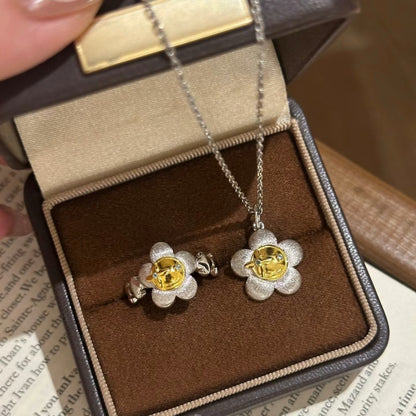 Sterling Silver S925 Brushed Craft Quirky Sunflower Ring Necklace Earrings Set High-end Unique Personality Design
