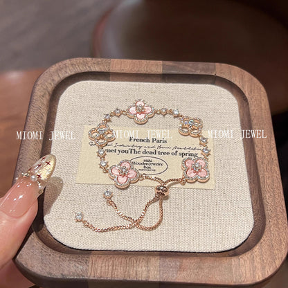 E-commerce Four-leaf Clover Bracelet Micro-inlaid Zircon Pink Mother-of-Pearl New Sweet Light Luxury Elegant Niche Design Jewelry
