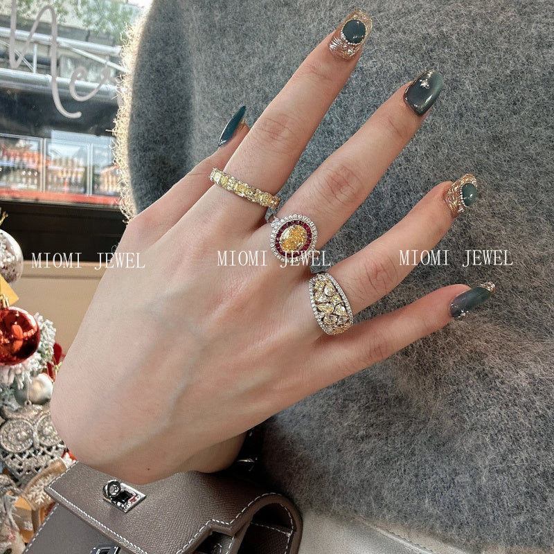 S925 Sterling Silver High Carbon Diamond ring Light Luxury Row Diamond Full Circle Ring Collection Socialite Layered Pigeon Egg Yolk Diamond Wealth Ring