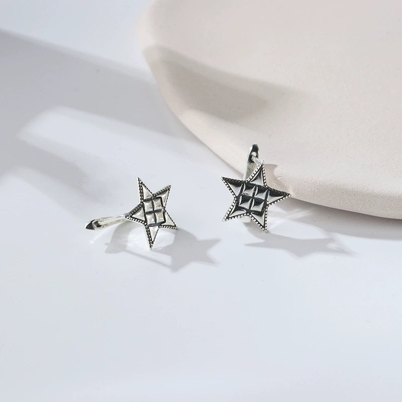 Korean Style S925Sterling Silver Five-Pointed Star Earrings Ear Clips for Women Vintage Distressed Fashion Simple Star
