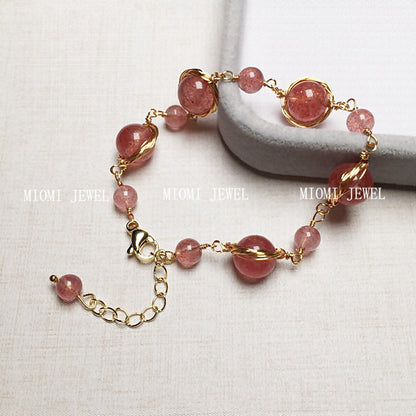 Strawberry Crystal Bracelet Pigeon Blood Red Strawberry Crystal 14K Wire Wrapped Braided Bracelet Color Retention Women Crystal Gift