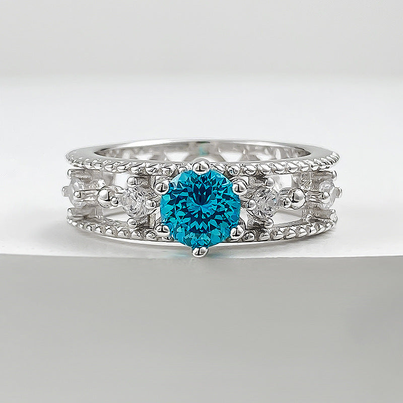 Gold Jewelry S925 Silver Daily Luxury Style One Carat Aquamarine Firework Cut Ring for Women Fashion Versatile Style