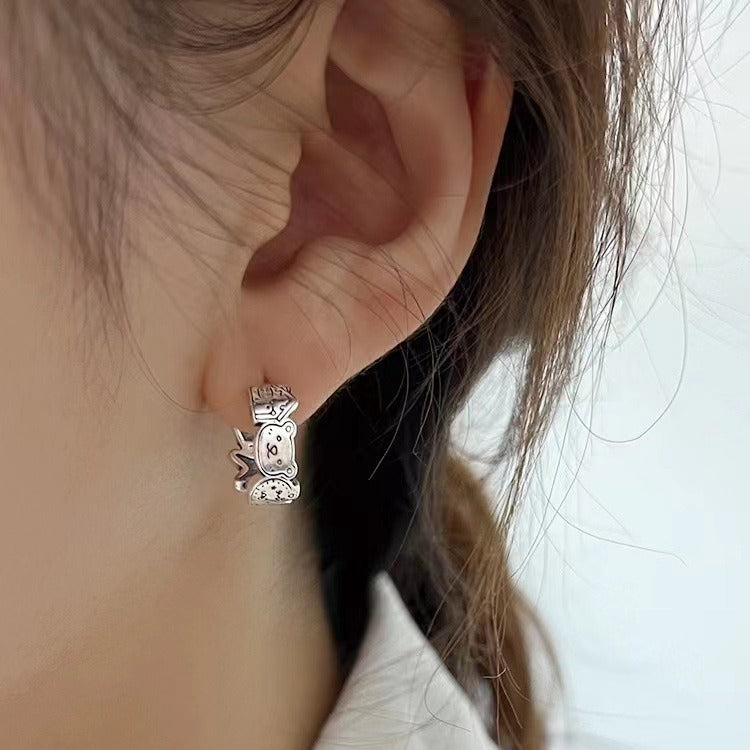 Korean Version Pure Silver 925 Vintage Cartoon Bear Circle Earrings Studs for Women Niche Trendy Personality Fashion