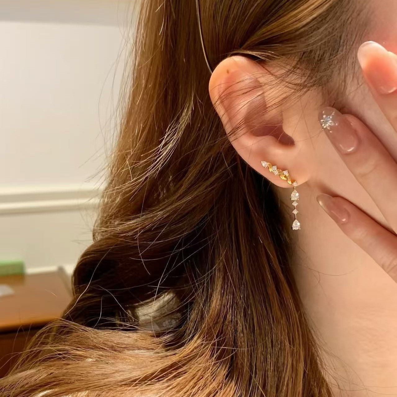 Pure Silver S925 High Carbon Diamond Threader Earrings Vintage High-end Wheat Spike Fine Sparkling Diamond Water Drop Tassel Earrings Light Luxury Unique