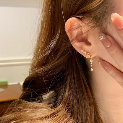 Pure Silver S925 High Carbon Diamond Threader Earrings Vintage High-end Wheat Spike Fine Sparkling Diamond Water Drop Tassel Earrings Light Luxury Unique