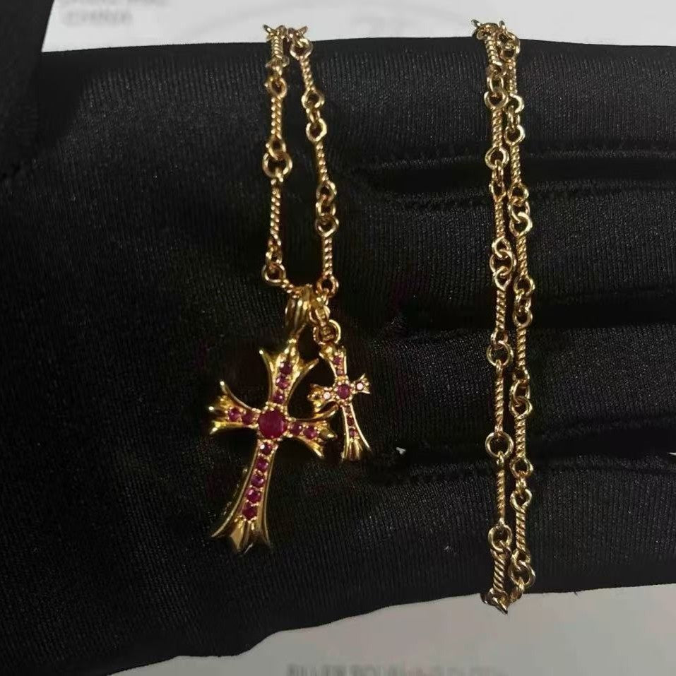 Pure Silver S925 Double Cross Necklace Niche Ins Style High-end Light Luxury European and American Retro Versatile Heavy Craft Collarbone