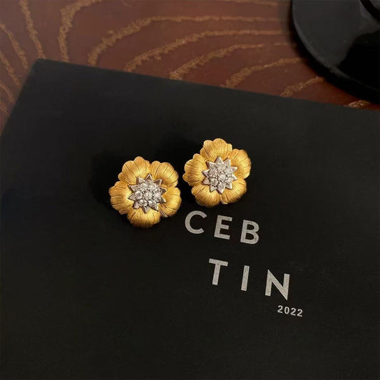 Pure Silver S925 Brushed Craft Color-Plated Wealth Flower Earrings Fashionable Light Luxury Exquisite High-Grade Inlaid with Diamonds