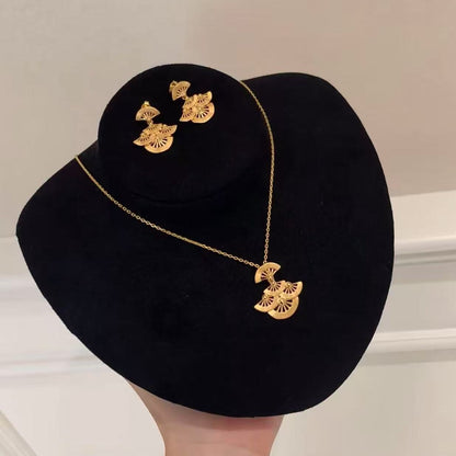 Brushed Craft Fan Earrings Necklace Pendant Set Light Luxury High-end Niche Versatile