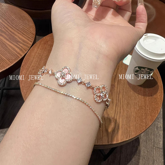 E-commerce Four-leaf Clover Bracelet Micro-inlaid Zircon Pink Mother-of-Pearl New Sweet Light Luxury Elegant Niche Design Jewelry