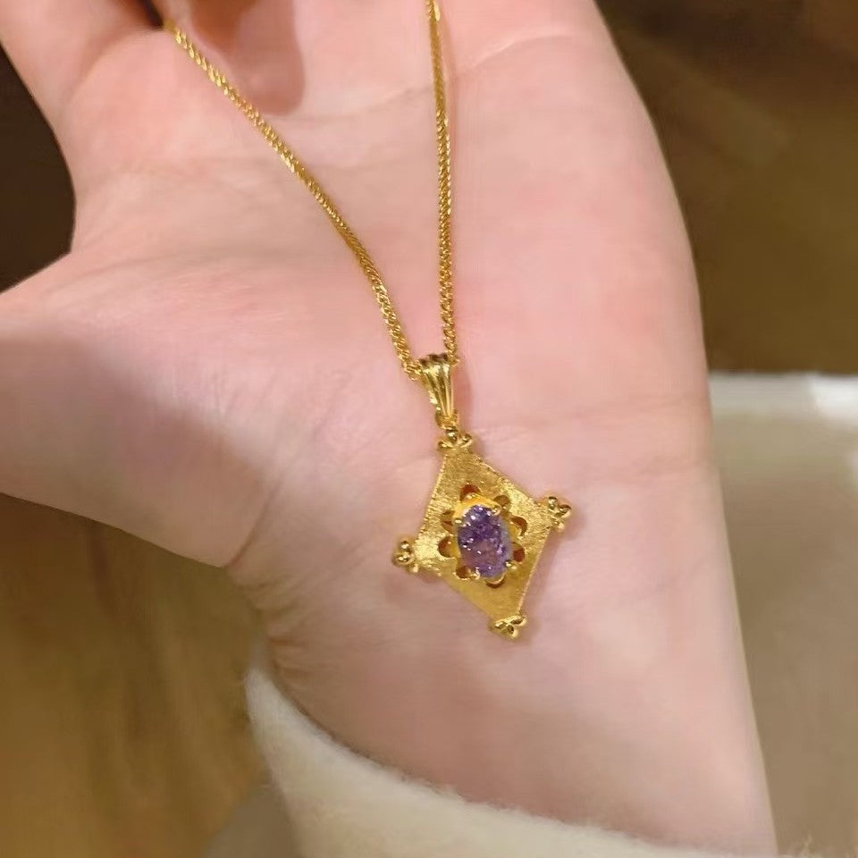 Sterling Silver S925 Iris Purple Zirconia Prismatic Necklace Versatile High-End Vintage Collarbone Chain