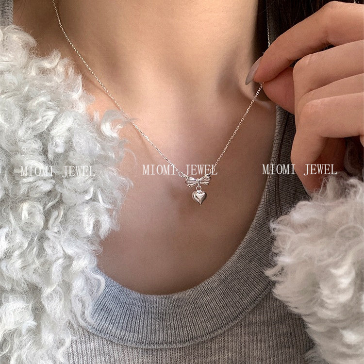 S925 Sterling Silver Niche Design Bowknot Heart Pendant Necklace for Women