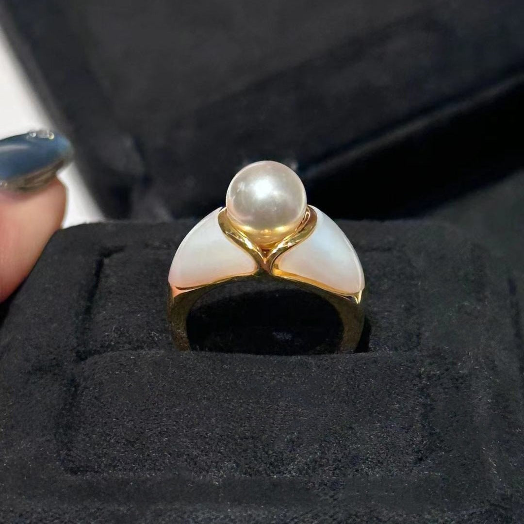 Princess Vintage Style Pearl White Shell Ring S925 Sterling Silver 18K Gold Plated Niche Jewelry