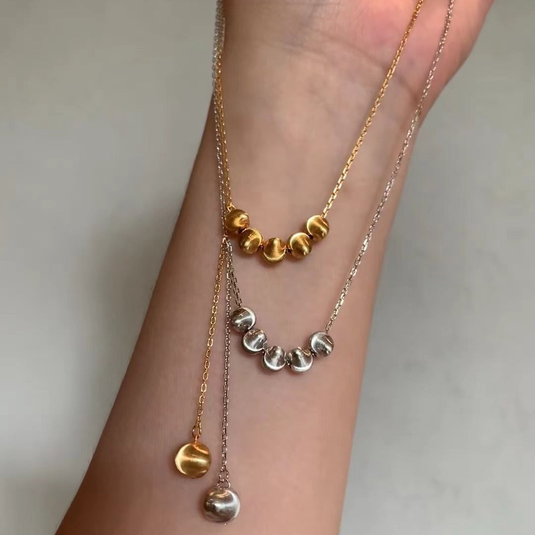 Pure Silver S925 Real Gold Plated Retractable Push-Pull Cat Eye Bead Necklace Light Luxury High-End Exquisite