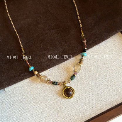 natural Tiger Eye Stone Heart Beaded Necklace Vintage Autumn Winter Elegant Simple Collarbone Chain