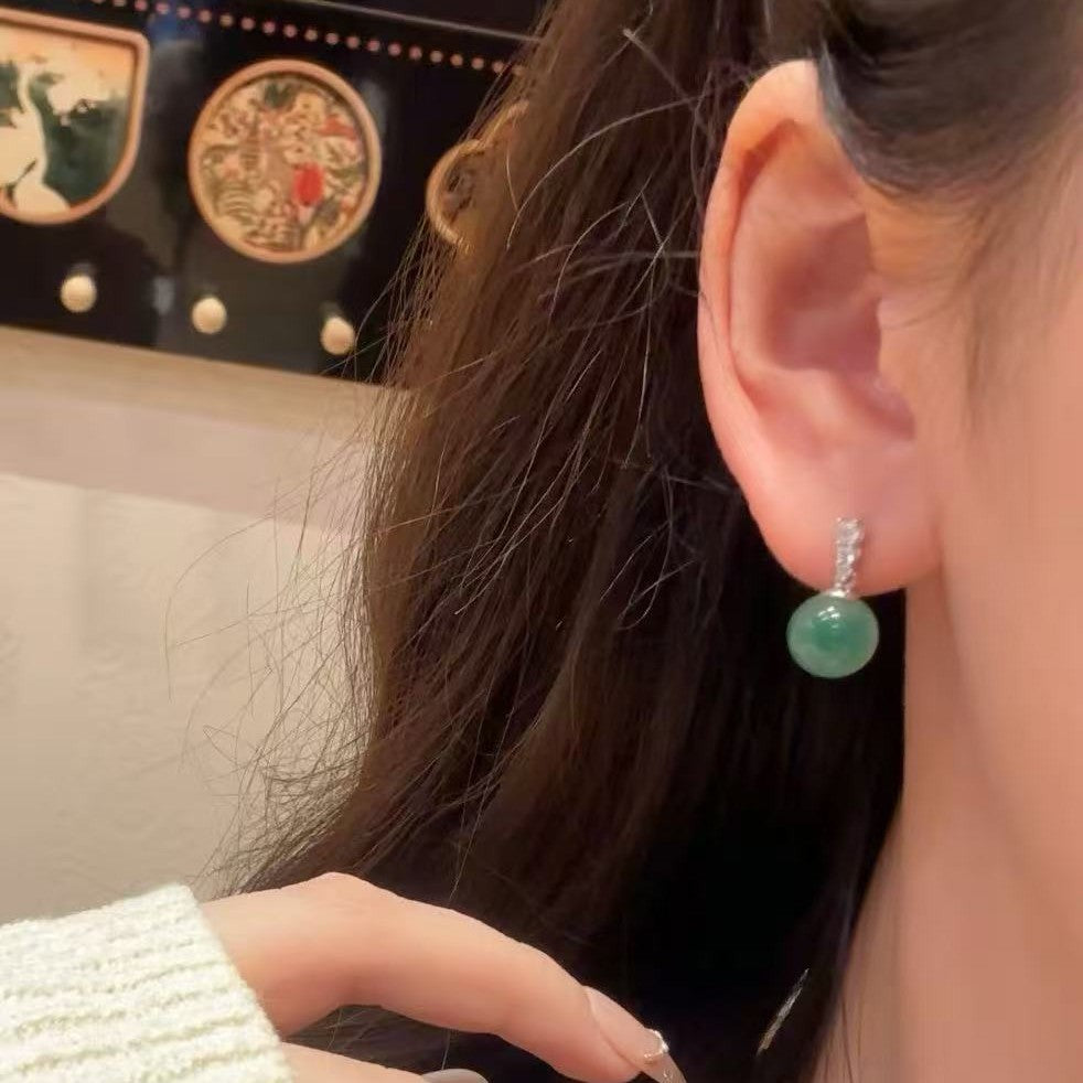Pure Silver S925 Natural African Emerald Earrings Chinese Style Unique Dragon Jade Round Bead Earrings Niche High-end Exquisite Light Luxury