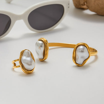 Imitation Baroque Pearl Ring Titanium Steel Non-Fading Open Bracelet High-End Stainless Steel Jewelry for Women