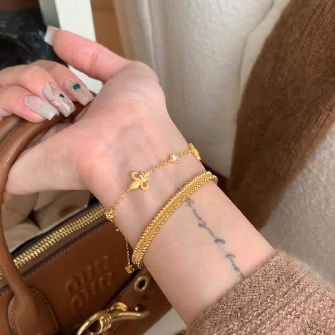 Italian Vintage Brushed Light Luxury High-End 925 Sterling Silver Iris Flower Brushed Reversible Push-Pull Bracelet