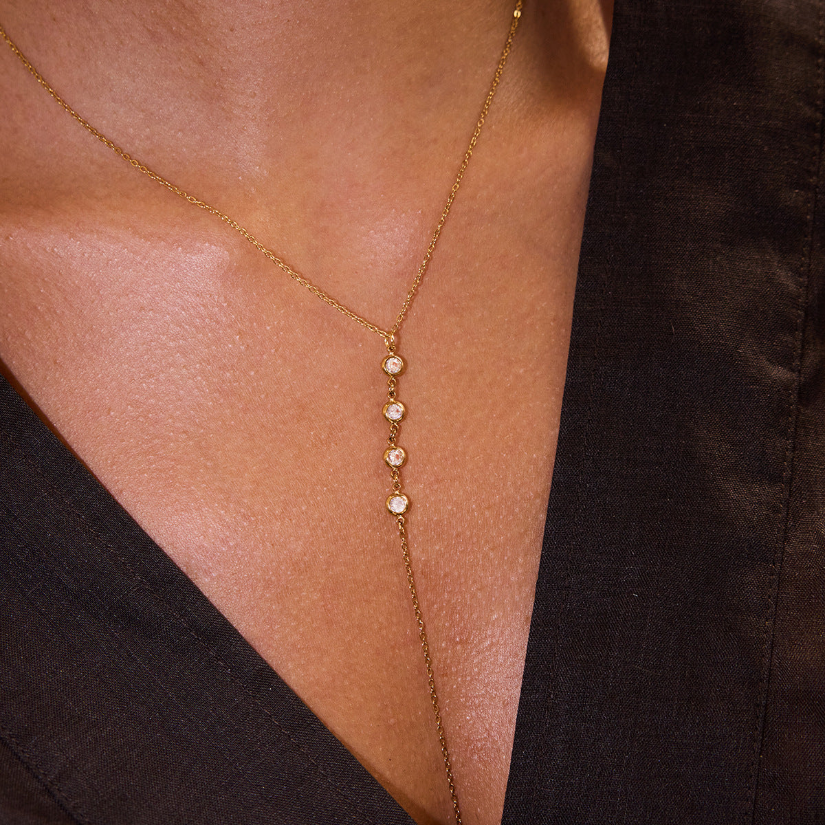 Stainless Steel Zircon Y-Chain Titanium Steel Long Necklace Light Luxury High-End Clavicle Chain Non-Fading Jewelry