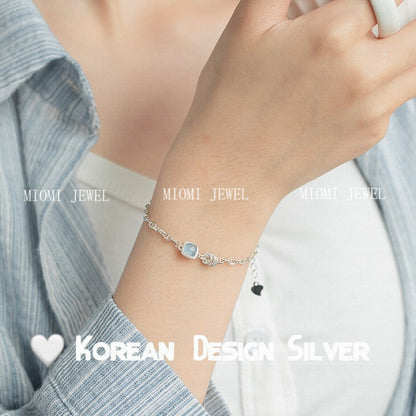 S925 Sterling Silver Exquisite Fat Square Aquamarine Bracelet