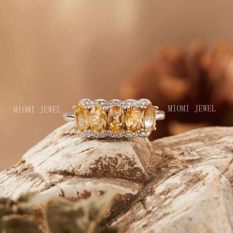 S925 Sterling Silver Natural Yellow Crystal Ring for Women, High-End Sense, Row of Diamonds, Colorful Gemstone Jewelry, Index Finger Ring, Live Streaming Hot Item