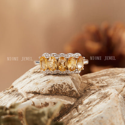 S925 Sterling Silver Natural Yellow Crystal Ring for Women, High-End Sense, Row of Diamonds, Colorful Gemstone Jewelry, Index Finger Ring, Live Streaming Hot Item
