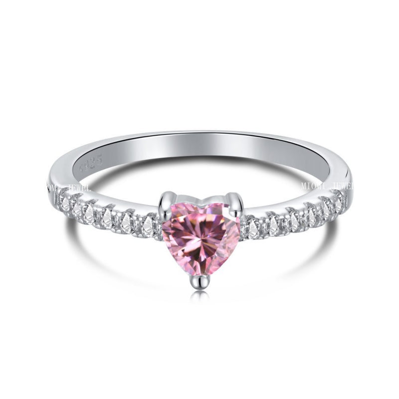 S925 Sterling Silver Ring Inlaid with Pink Water Drop Heart Zircon Ring Row Diamond Ring Pink Diamond Ring