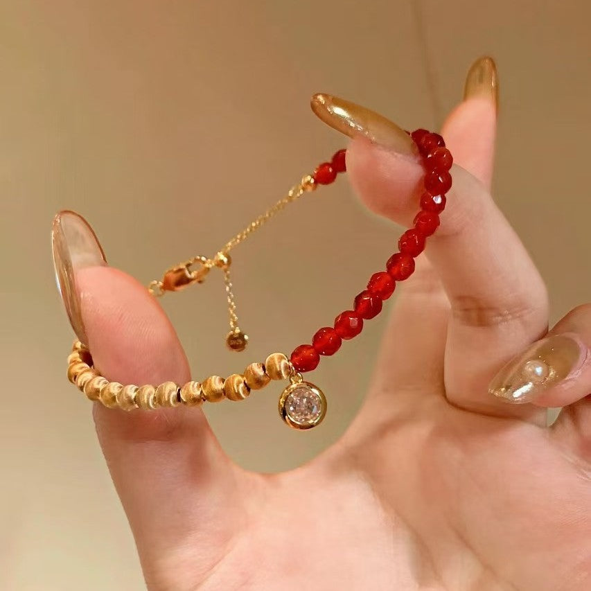 Pure Silver S925 Lucky Cat's Eye Bracelet Natural Red Agate Cat's Eye Bracelet New Year Red