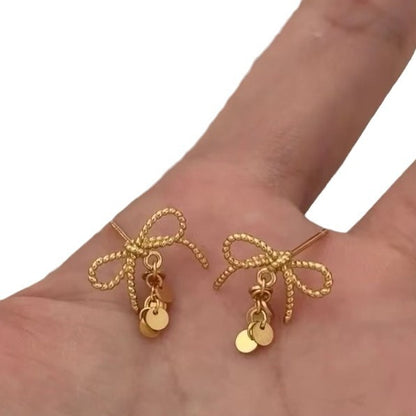 Pure Silver S925 Sweet Cute Bowknot Braided Gold Piece Earrings Versatile Elegant Stud Earrings Niche