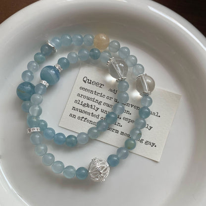 S925 Sterling Silver Natural Blue Yellow Crystal Double Circle Bracelet for Women Korean Minimalist Niche Design Bracelet