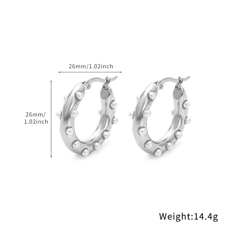 18k Gold Inlaid Pearl Circle Earrings Light Luxury High-end Feel Non-fading Titanium Steel Water Drop C-shaped Ear Jewelry