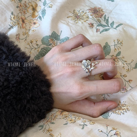 S925 Sterling Silver Four-Petal Flower Ring New Chinese Style Pastoral Niche Design High-End Light Luxury Open Ring for Women