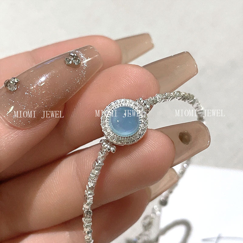 S925 Sterling Silver Natural Aquamarine Broken Silver Bracelet for Women, Ins Style, Fresh and Sweet, Simple Ice Crack Texture Bracelet